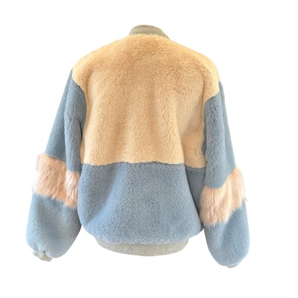 SHACI Colorblock Faux Fur Bomber Jacket in Blue & Blush – Size M - Picture 5 of 9